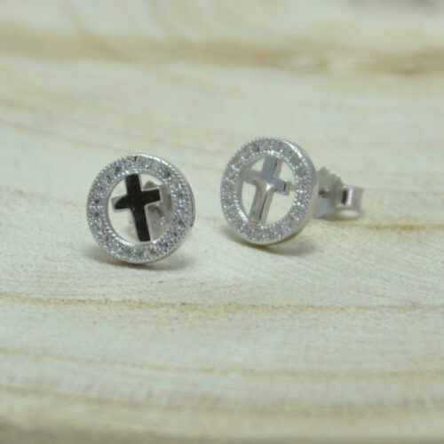 pendientes cruz, plata y circonitas