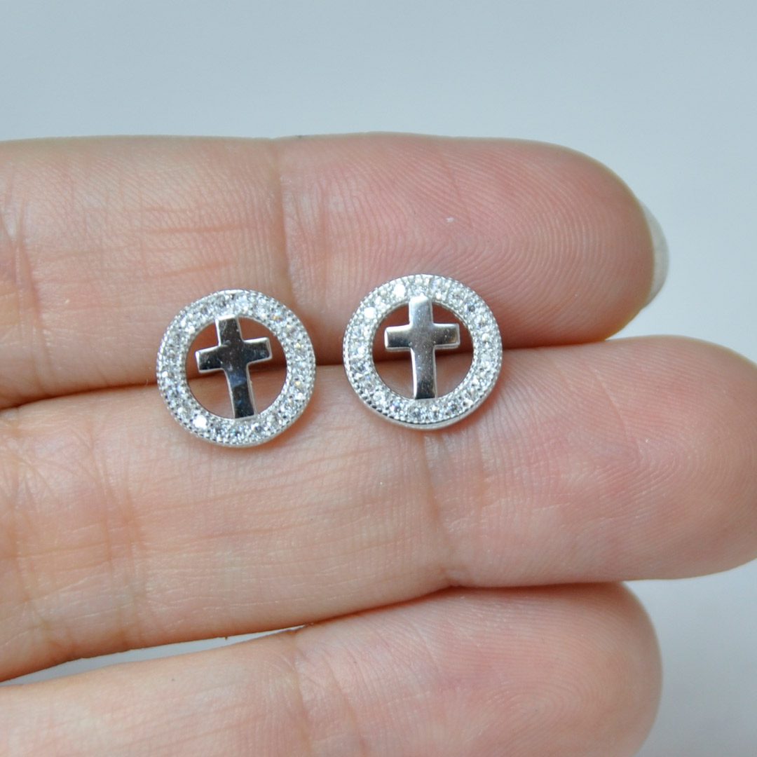 pendientes cruz, plata y circonitas