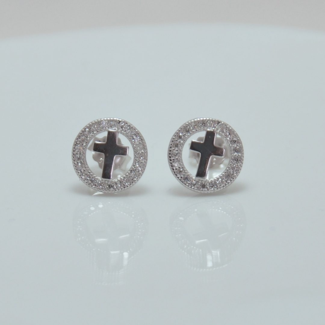 pendientes cruz, plata y circonitas