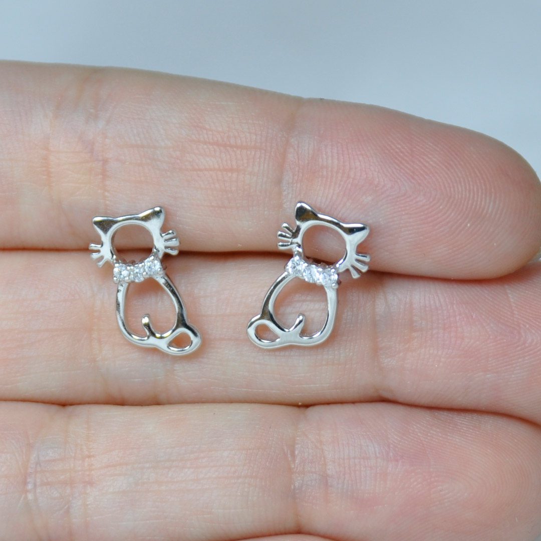 pendientes gato de plata de ley y circonitas
