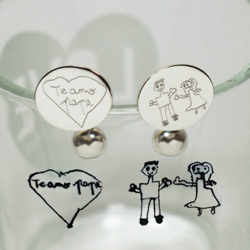 gemelos de plata personalizados firma niños dibujo joya