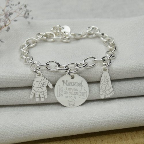 pulsera-huella-bebe-plata- nombre y fecha nacimiento