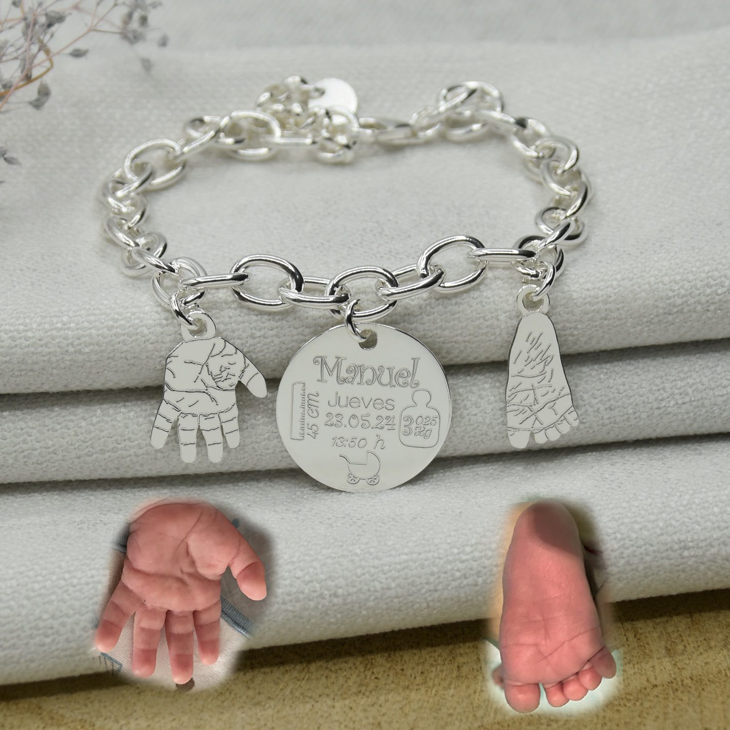pulsera-huella-bebe-plata- nombre y fecha nacimiento