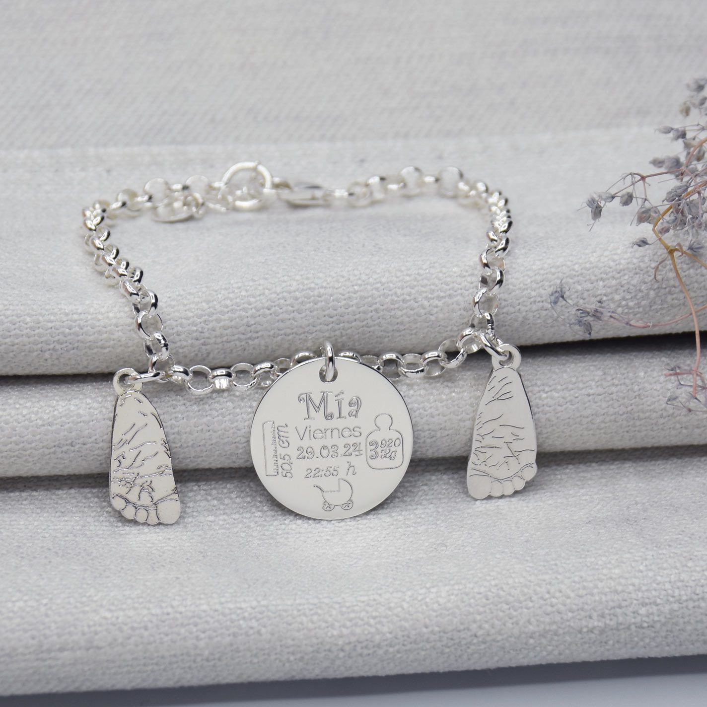 pulsera-huella-bebe-plata- nombre y fecha nacimiento