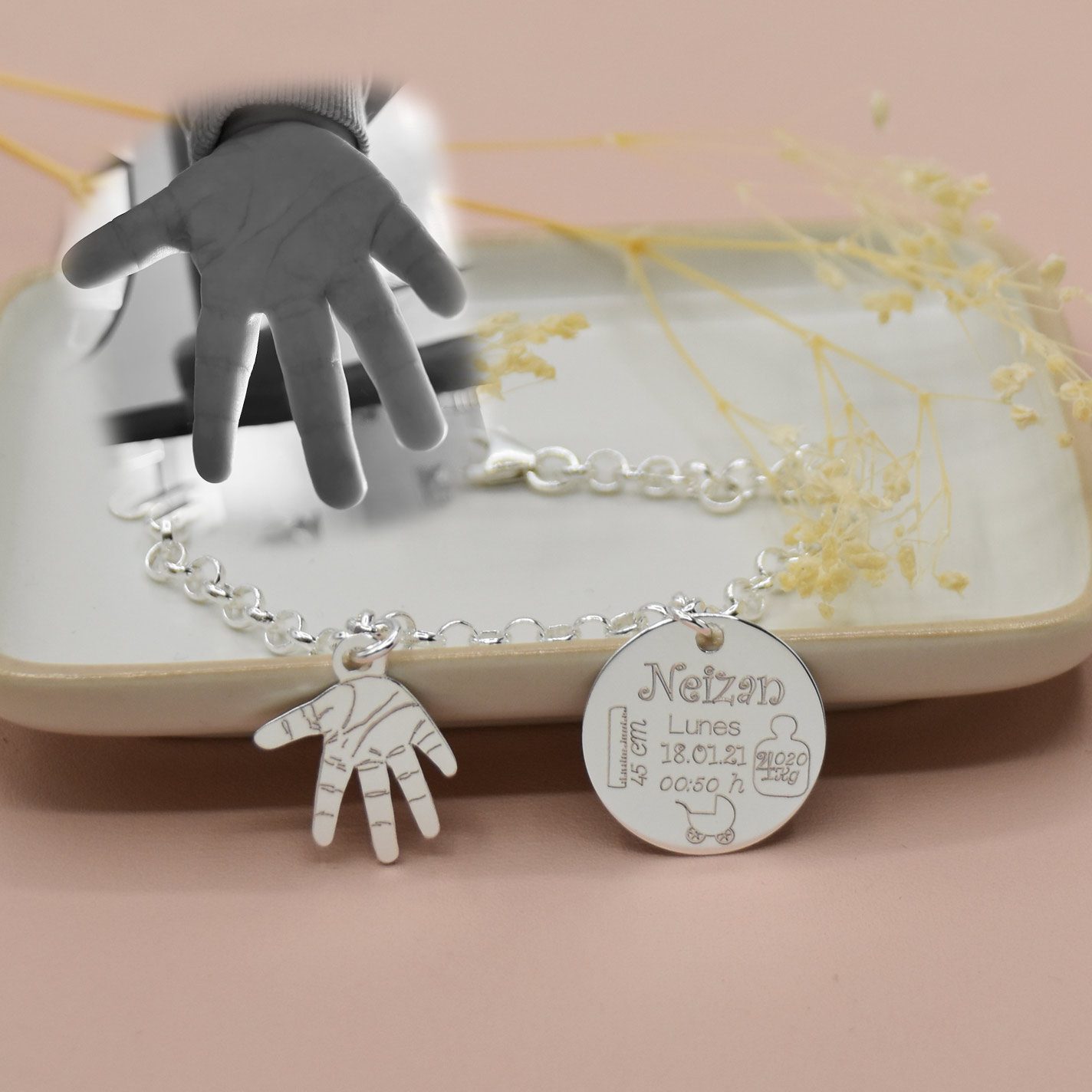pulsera-huella-bebe-plata- nombre y fecha nacimiento