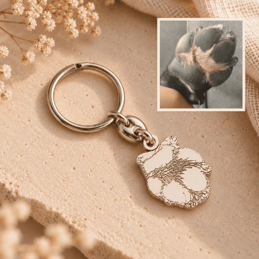 Detalle de huella real de mascota reproducida en plata de ley