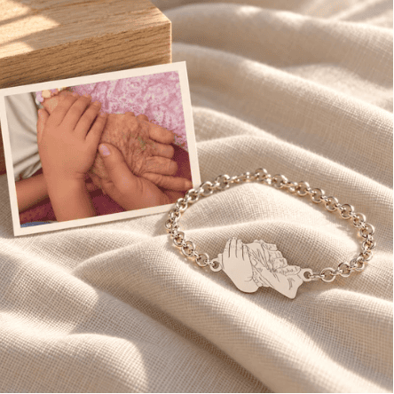 Pulsera personalizada de plata con manos enlazadas creada a partir de una fotografía familiar